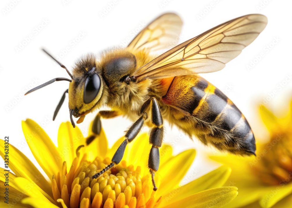 Macro Honey Bee Flying to Yellow Flower, Close-up Bee Pollination, Nature Photography, High-Resolution Image, Insect on Blossom Macro Honey Bee Flying to Yellow Flower, Close-up Bee Pollination, Nature Photography, High-Resolution Image, Insect on Blossom