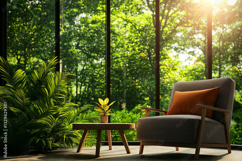 cozy living room with modern armchair, potted plant, and sunlight streaming through large windows, creating serene atmosphere cozy living room with modern armchair, potted plant, and sunlight streaming through large windows, creating serene atmosphere