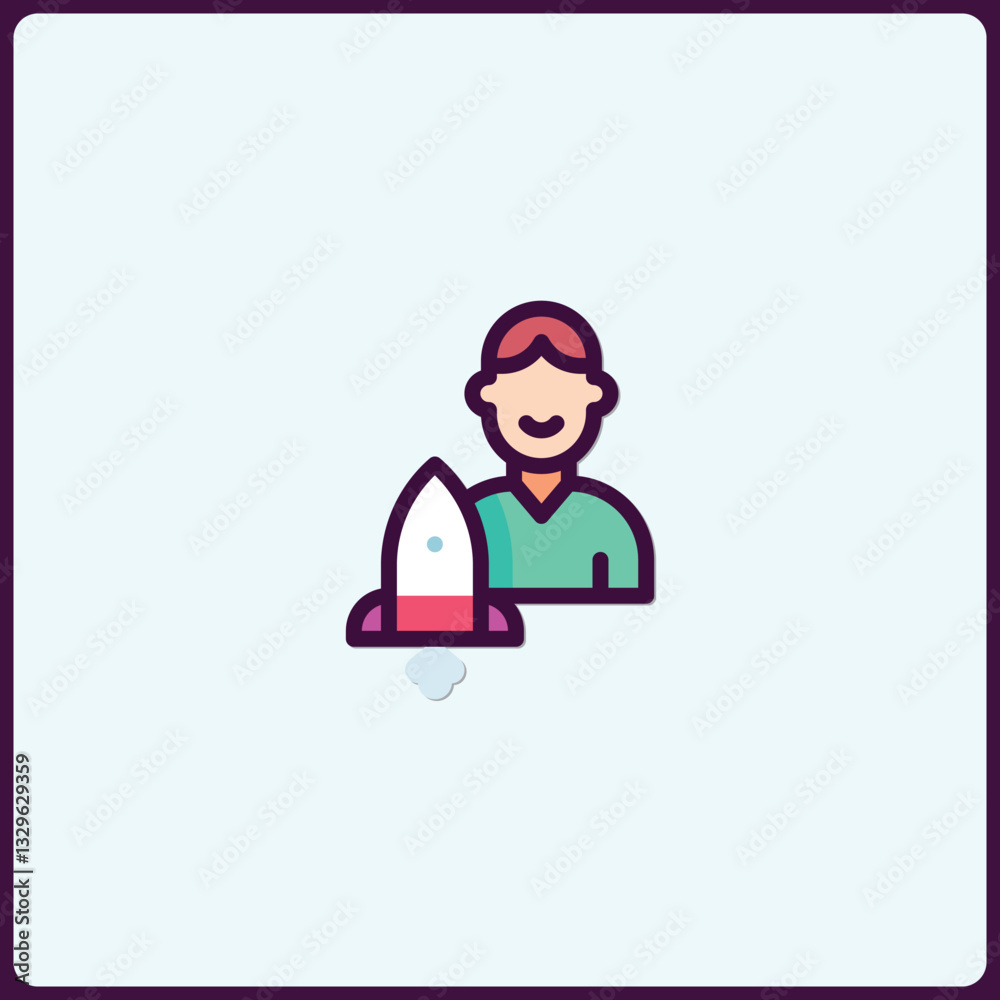 Creative Startup Launching, Man launching an innovative tech project icon Creative Startup Launching, Man launching an innovative tech project icon