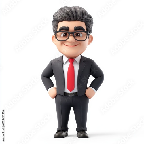 Smiling Cartoon Businessman in Dark Suit and Red Tie