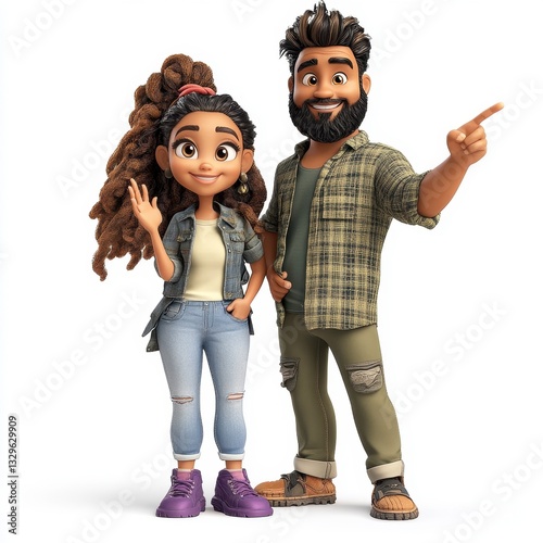 Smiling Cartoon Couple in Casual Clothing on White Background