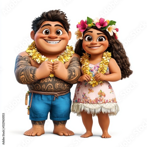 Smiling Cartoon Couple in Flower Leis Against White Background