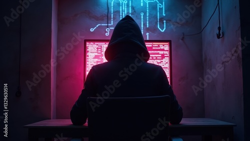 Anonymous Hacker Working Late at Night Neon Lit Room Computer Screen Showing Code
