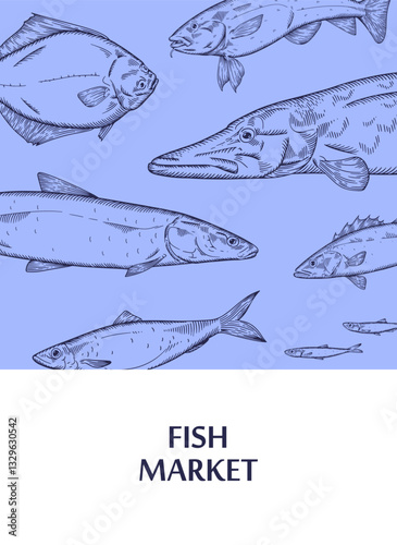 Card design with pike, cod, sea bass, halibut for seafood market. Outline patterns of different fishes on poster template. Retro hand drawn print of anchovies, nelma, herring. Flat vector illustration