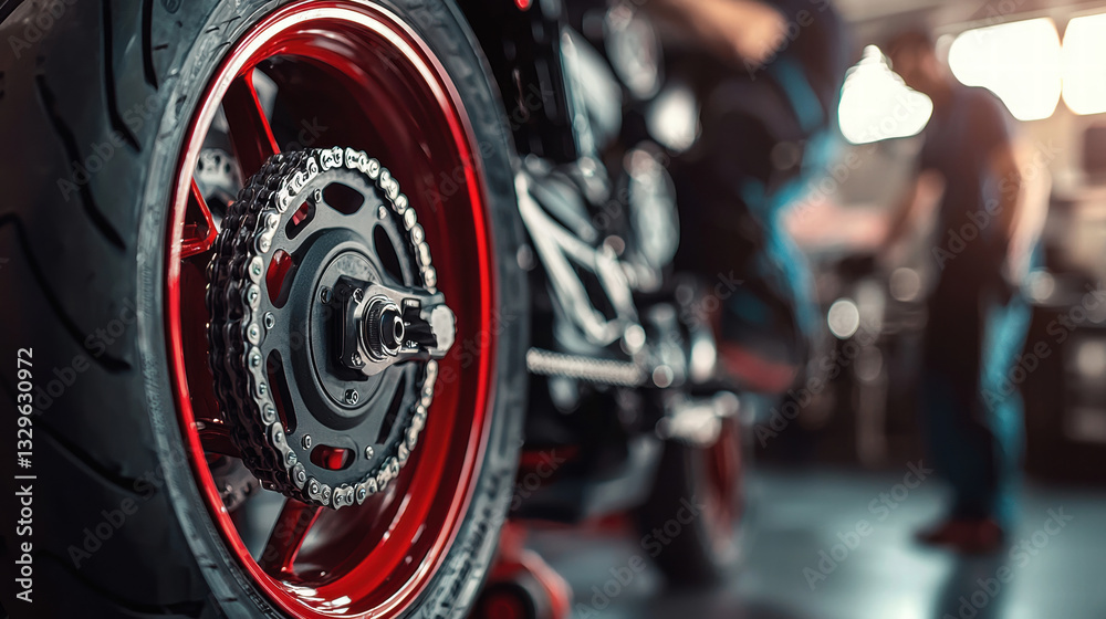 Fototapeta premium High quality motorcycle wheel with red rim and chain in workshop