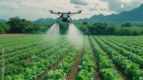 Drone spraying crops in a field photo