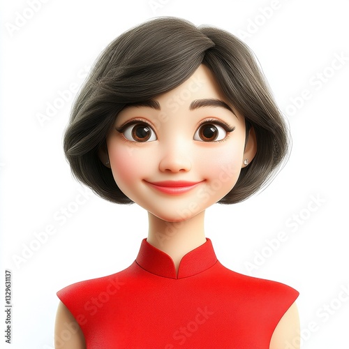 Smiling Cartoon Woman in Red Dress 3D Illustration