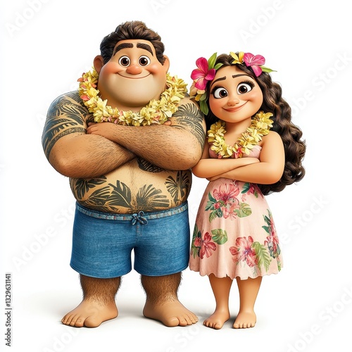 Smiling Cartoon Polynesian Couple in Floral Attire