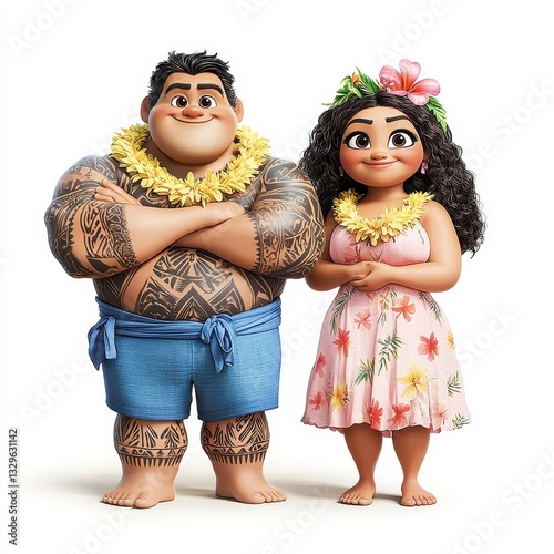 Smiling Cartoon Polynesian Couple with Tattoos and Flower Leis on White Background