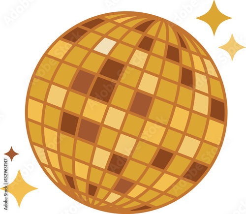 Gold disco ball with stars isolated on white. Illustration of retro dance object 