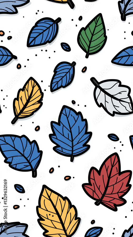Fototapeta premium Colorful autumn leaves in red, blue, yellow, and green scattered on white seamless background, evoking playful seasonal vibe