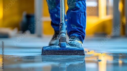 Vacuuming Shiny Floor in Modern Building, A person in blue work pants and black shoes using a vacuum cleaner on a shiny floor in a modern building