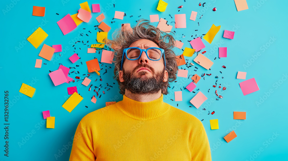 Overwhelmed in Color: A man lost in thoughts, surrounded by colorful chaos and reflective confetti, seeking peace and inspiration. Overwhelmed in Color: A man lost in thoughts, surrounded by colorful chaos and reflective confetti, seeking peace and inspiration.