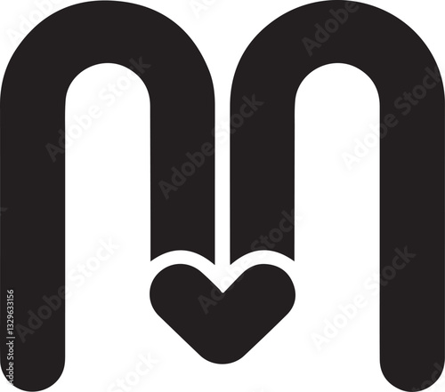 A black and white set icon with a stylized letter "M". The letter is bold and has a rounded shape. The background is white. with love icon