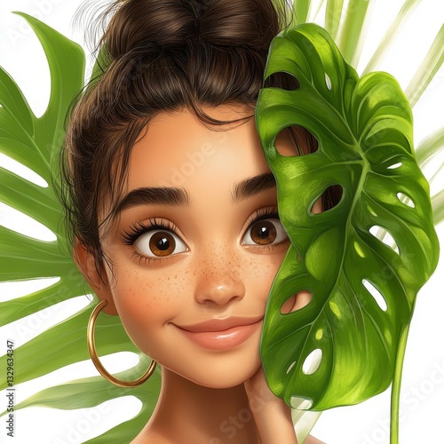 Smiling Girl Behind Lush Green Tropical Leaves Portrait Illustration