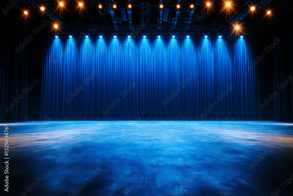 Fototapeta premium spacious blue stage with dramatic lighting and concrete floor, perfect for performances and events. atmosphere is vibrant and ready for action