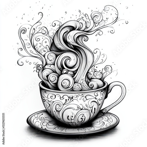An artistic cup of coffee with swirling steam and intricate designs, full of creativity.