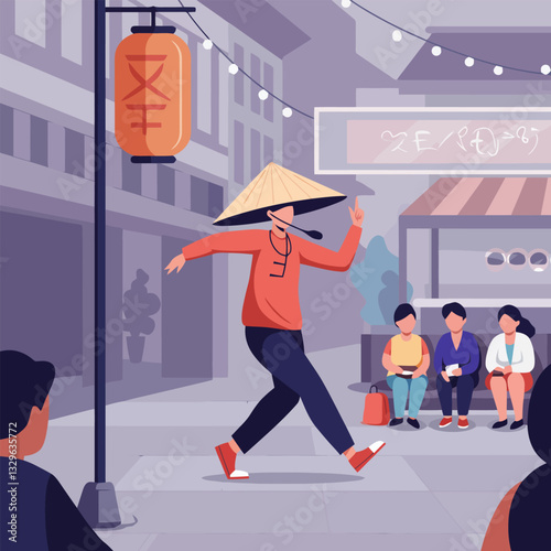 Person Walking on Street with Conical Hat and Lantern Illustration