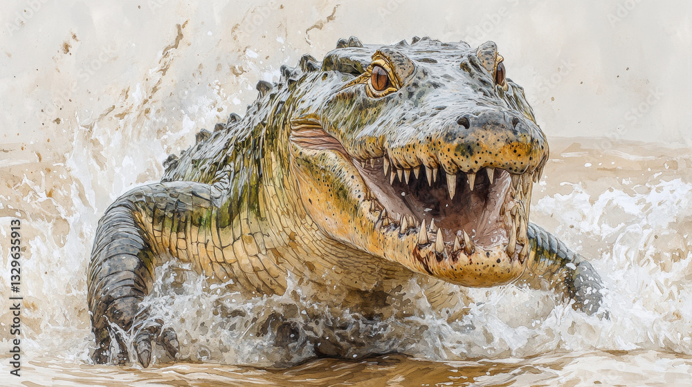 Obraz premium A powerful alligator emerges from the water with an open mouth, showcasing its sharp teeth. The scene captures the raw intensity of this fierce predator in its natural habitat