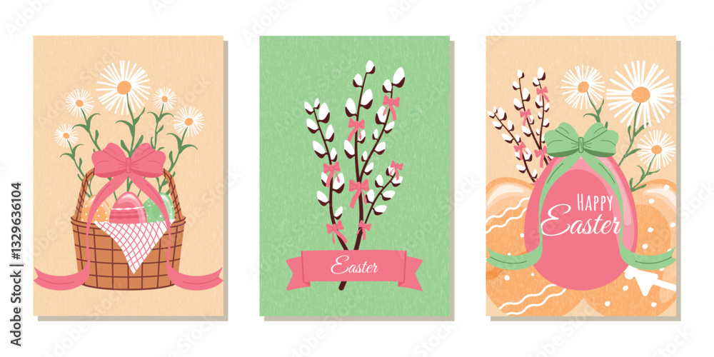 Fototapeta premium A set of modern greeting cards for Easter. Vector template for posters, banners, covers, advertisements, postcards and more.