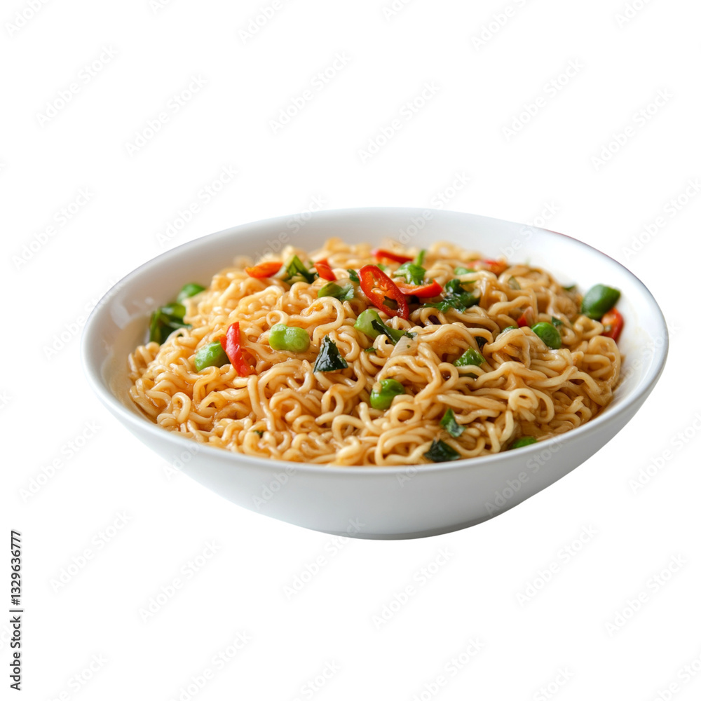 A bowl of instant noodles with vegetables and chili peppers on a white background, A bowl of instant noodles with vegetables and chili peppers on a white background,