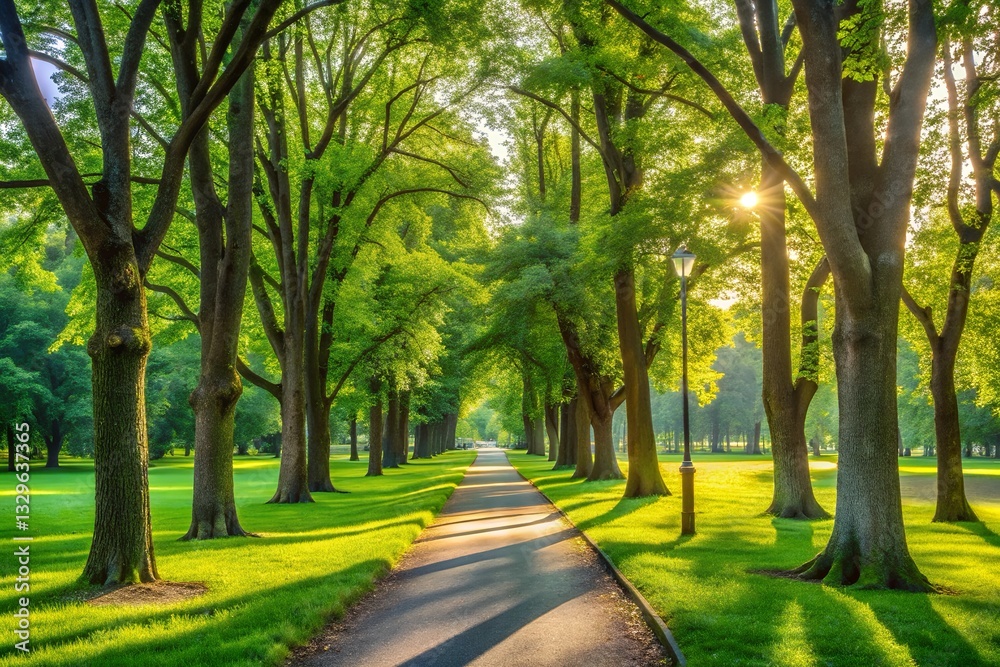 A Sun-drenched Path Winds Through A Majestic Avenue Of Trees, A Tranquil Scene Of Summer Serenity Bathed In Warm Golden Light A Sun-drenched Path Winds Through A Majestic Avenue Of Trees, A Tranquil Scene Of Summer Serenity Bathed In Warm Golden Light
