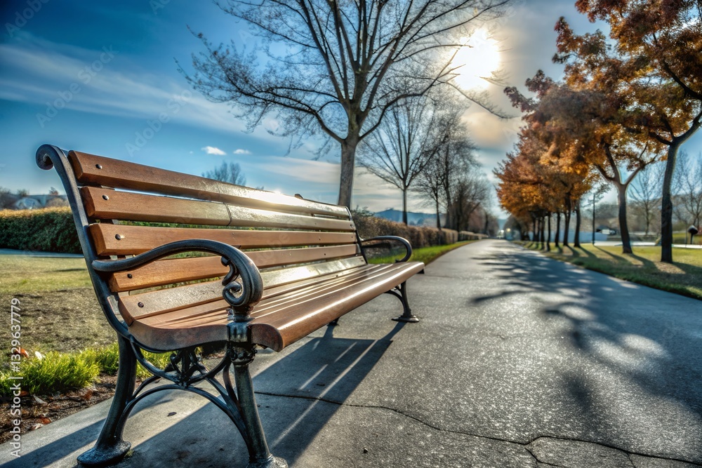 A Solitary Wooden Bench Basks In The Warm Autumn Sun, Inviting Quiet Contemplation Along A Tree-lined Path Bathed In Golden Light A Solitary Wooden Bench Basks In The Warm Autumn Sun, Inviting Quiet Contemplation Along A Tree-lined Path Bathed In Golden Light