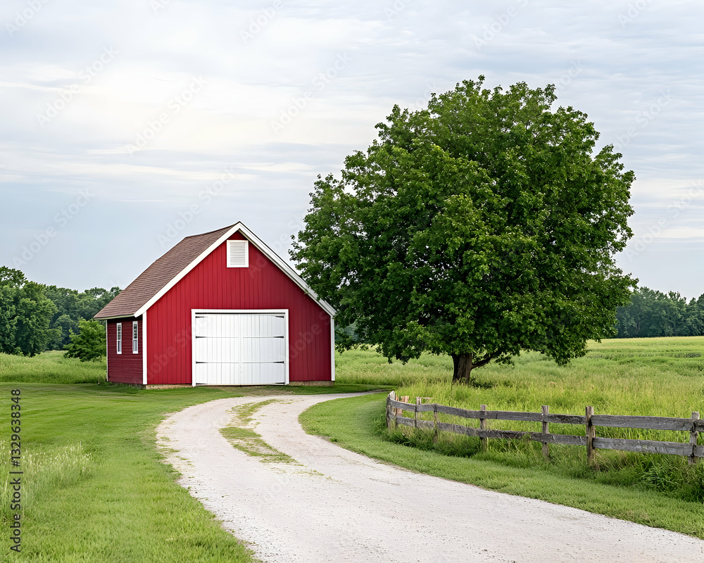 Obraz premium Red barn with white trim on a country road