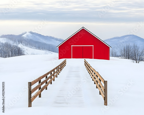 Red barn nestled in a snowy landscape, with a wooden walkway leading to it