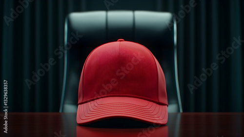 Red baseball cap on a table in front of a dark chair