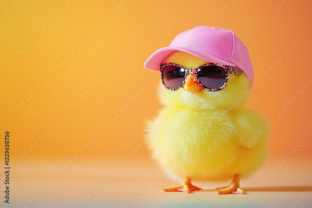 cute young fluffy Easter chick baby with cap and sunglasses