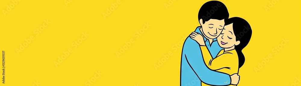 Couple embracing, yellow background, love, relationship, banner Couple embracing, yellow background, love, relationship, banner