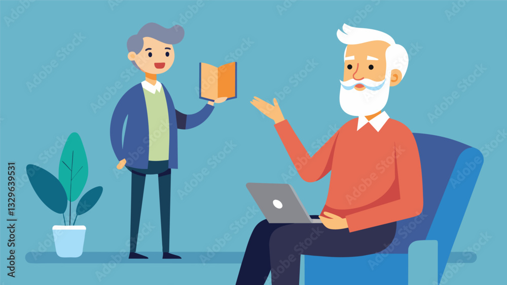 A silverhaired gentleman with a lifetime of knowledge and stories conducts life coaching sessions for seniors looking to rekindle their passions and dreams.. Vector illustration A silverhaired gentleman with a lifetime of knowledge and stories conducts life coaching sessions for seniors looking to rekindle their passions and dreams.. Vector illustration