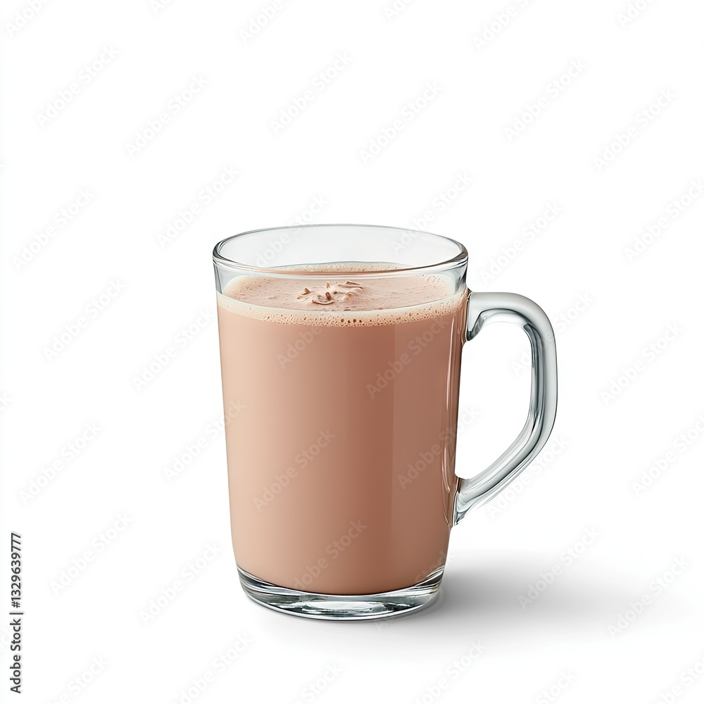 Hot chocolate drink in glass mug, white background, studio shot, beverage advertisement Hot chocolate drink in glass mug, white background, studio shot, beverage advertisement