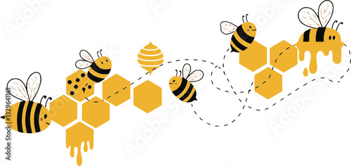 Bee on honeycomb icon set. Flying bee route. Honeybee animal in flat style. Flow honey with bumblebee. Natural food. Vector illustration.
