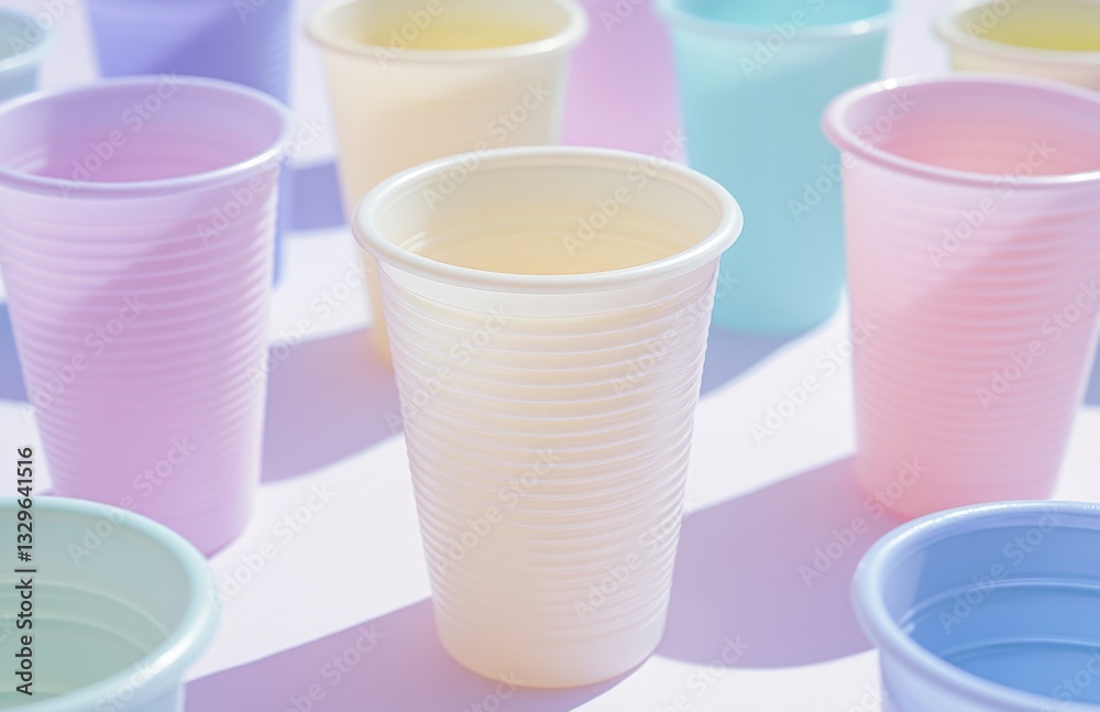 Close-up of pastel-colored plastic cups on a white background, pastel colors, soft light, dreamy atmosphere, soft shadow casting. Close-up of pastel-colored plastic cups on a white background, pastel colors, soft light, dreamy atmosphere, soft shadow casting.