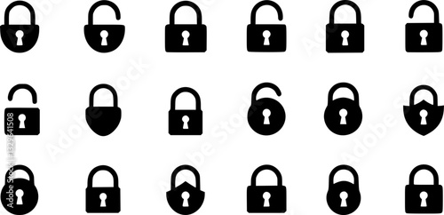 Lock icon collection. Locked and unlocked black line icon set. Flat security symbol. Vector illustration.
