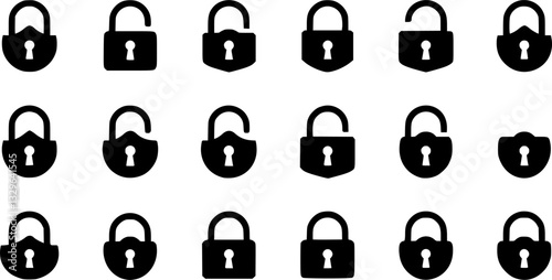 Lock icon collection. Locked and unlocked black line icon set. Flat security symbol. Vector illustration.
