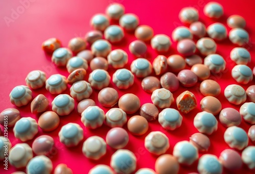 A vibrant red background strewn with milk chocolate candies, red backdrop, gift