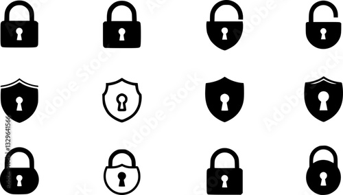 Lock icon collection. Locked and unlocked black line icon set. Flat security symbol. Vector illustration.
