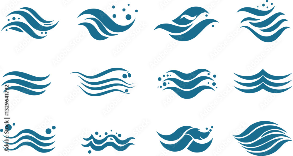 Fototapeta premium Water wave line art set. Wave beach vector symbol or logo design collection. Abstract water waves see blue vector design elements. 