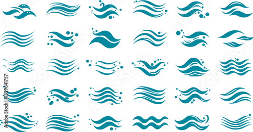 Water wave line art set. Wave beach vector symbol or logo design collection. Abstract water waves see blue vector design elements.
