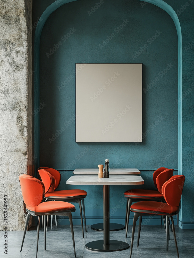 Fototapeta premium Wall art mockup in a modern cafe with a blank canvas on the wall. The cafe has blue and grey hues. 