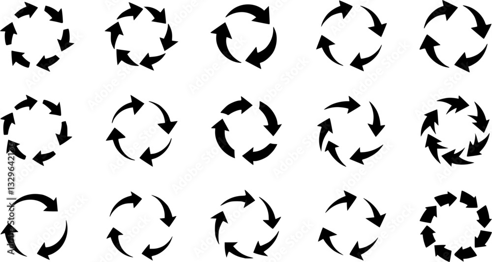 Recycle vector icon set. Arrows, heart and leaf recycling eco green symbol. Rounded angles. Recycled signs illustration isolated on white background.
