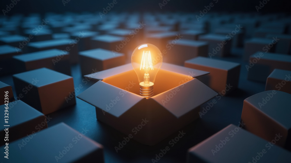 glowing light bulb inside open box surrounded by closed boxes ...