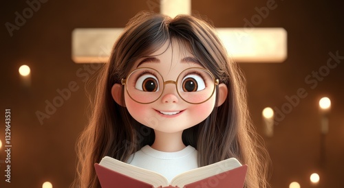 Smiling Girl Reading Book Before Cross and Candles