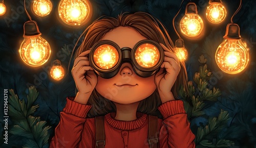 Smiling Girl with Binoculars Gazing at Glowing Lightbulbs in Dark Forest