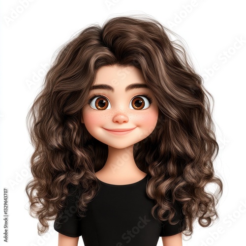 Smiling Girl with Brown Curly Hair 3D Cartoon Illustration