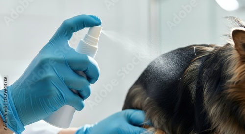 Veterinarian spraying treatment on small dog's back in clinic setting photo