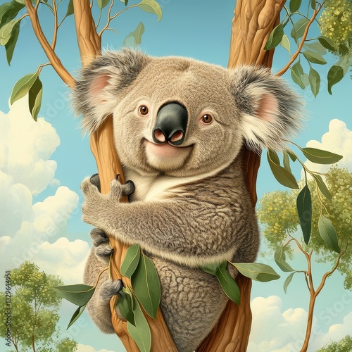 Smiling Koala on Eucalyptus Tree Under Partly Cloudy Sky